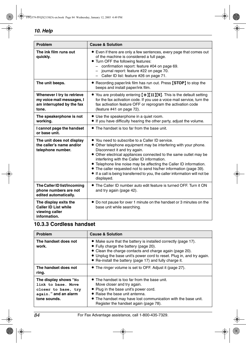 3 cordless handset, Help 84 | Panasonic KX-FPG378 User Manual | Page 86 / 110