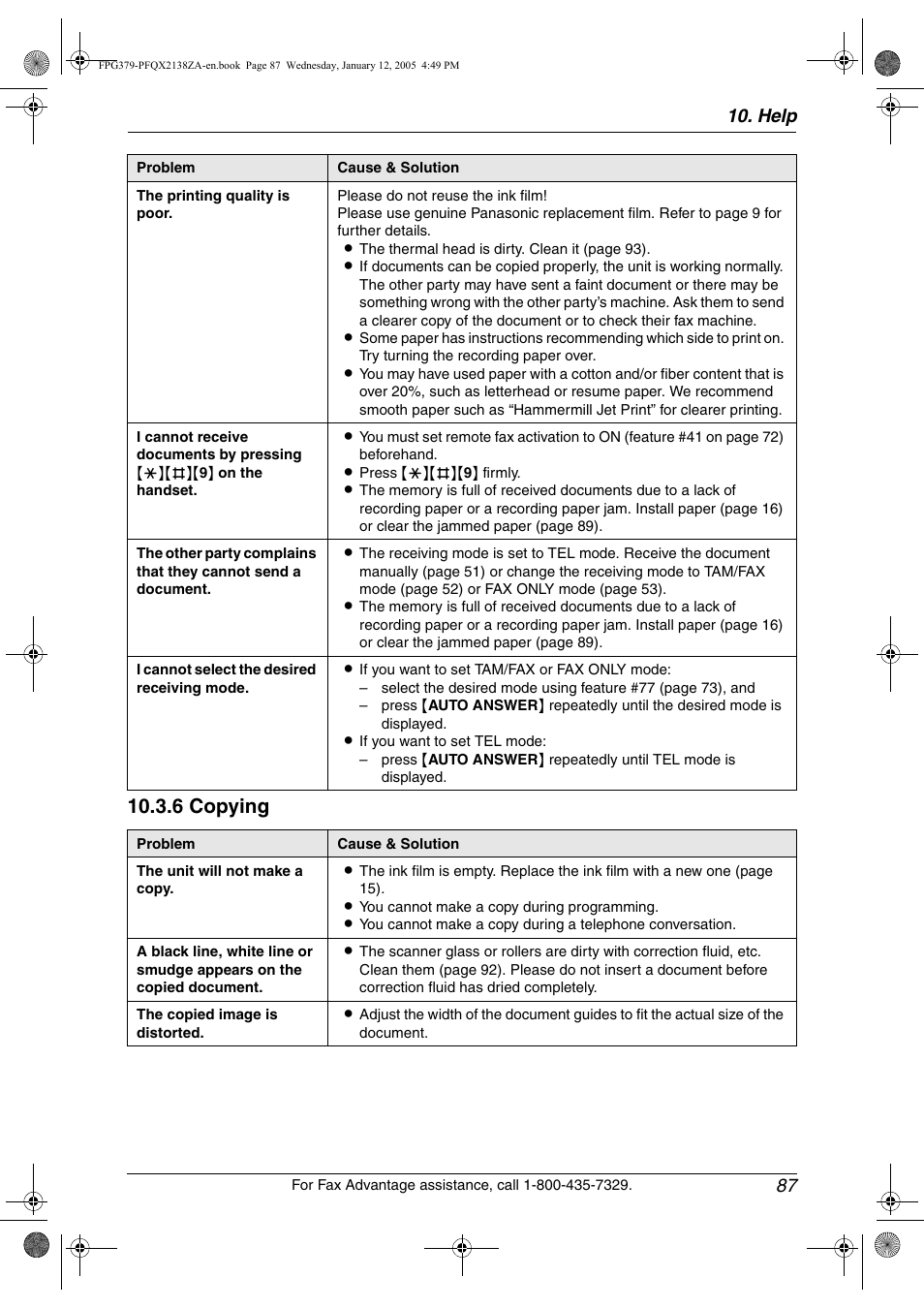 6 copying, Help 87 | Panasonic KX-FPG378 User Manual | Page 89 / 110