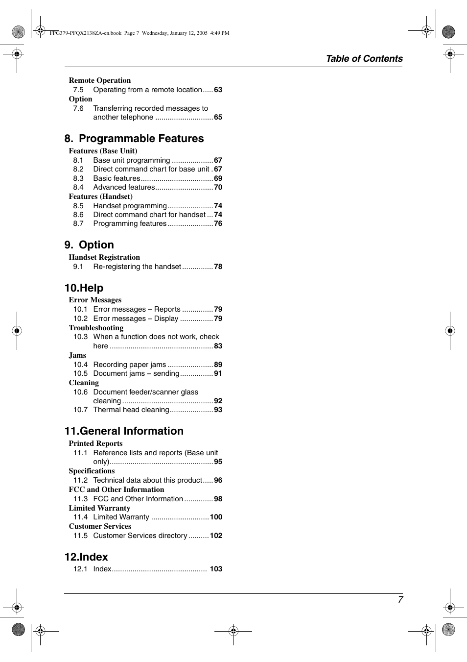 Programmable features, Option, Help | General information, Index | Panasonic KX-FPG378 User Manual | Page 9 / 110