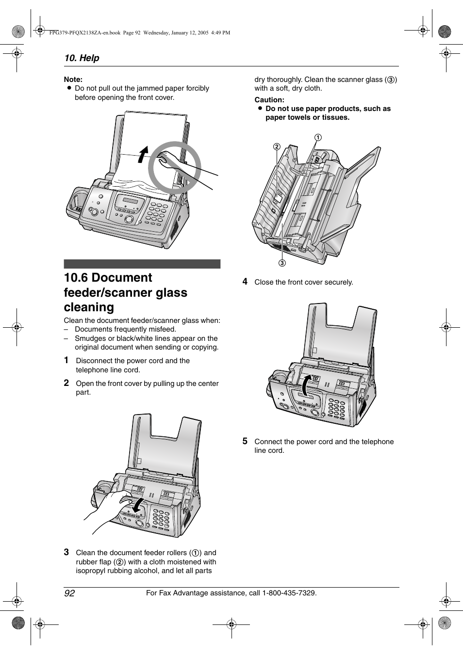 Cleaning, 6 document feeder/scanner glass cleaning, Document feeder/scanner glass | 6 document feeder/scanner glass cleaning | Panasonic KX-FPG378 User Manual | Page 94 / 110