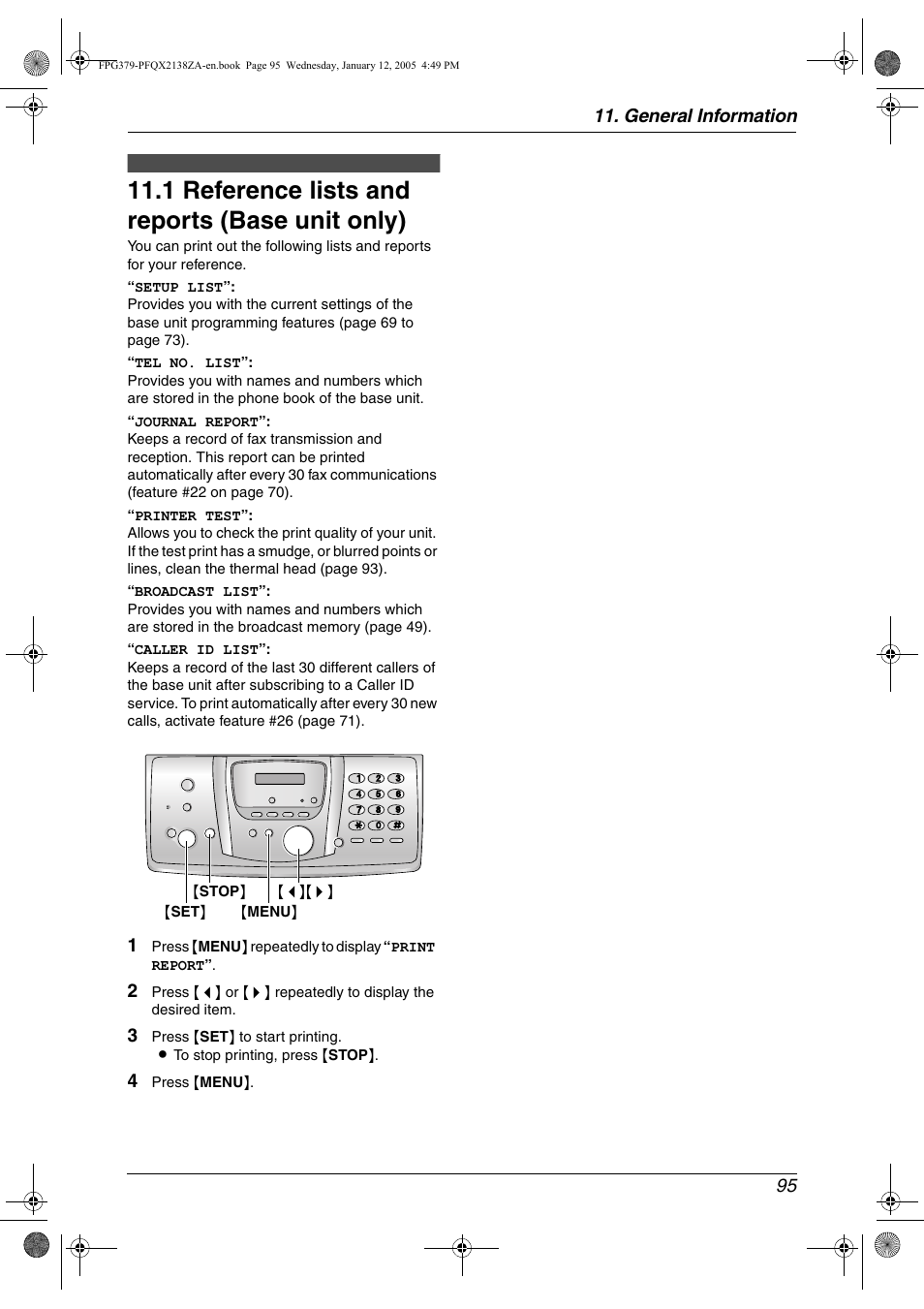 General information, Printed reports, 1 reference lists and reports (base unit only) | Reference lists and reports (base unit, Only), 1 reference lists and reports (base unit only), General information 95 | Panasonic KX-FPG378 User Manual | Page 97 / 110