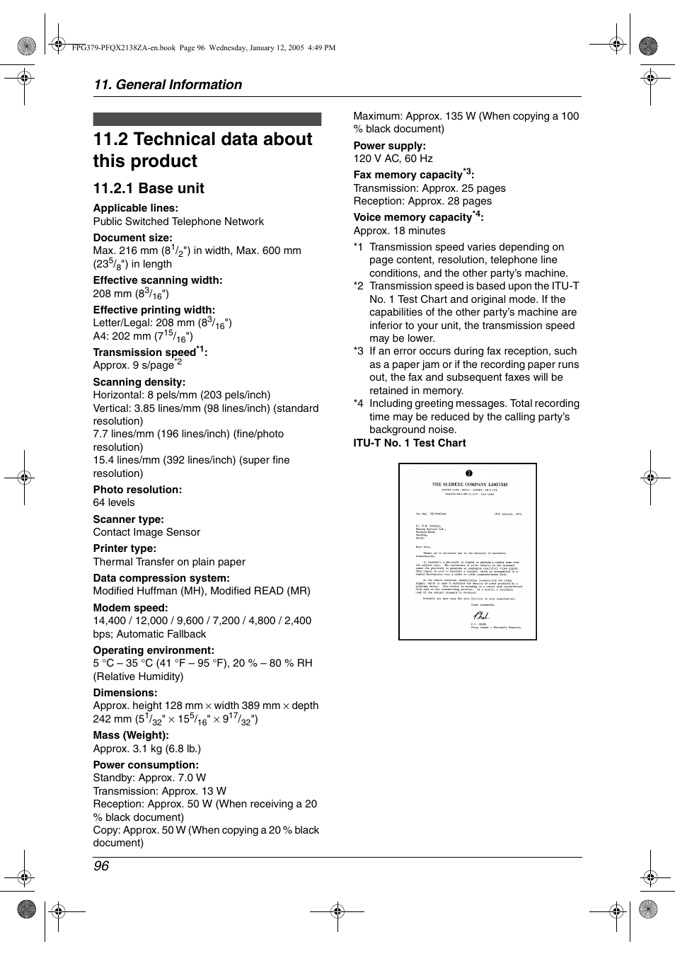 Specifications, 2 technical data about this product, Technical data about this product | 2 technical data about this product, 1 base unit, General information 96 | Panasonic KX-FPG378 User Manual | Page 98 / 110