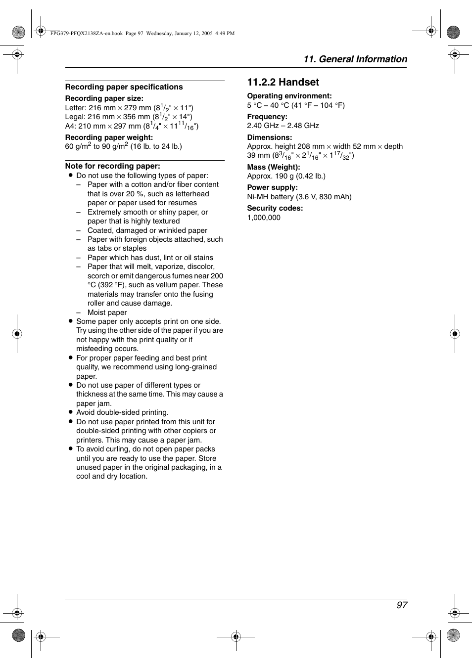 2 handset, General information 97 | Panasonic KX-FPG378 User Manual | Page 99 / 110