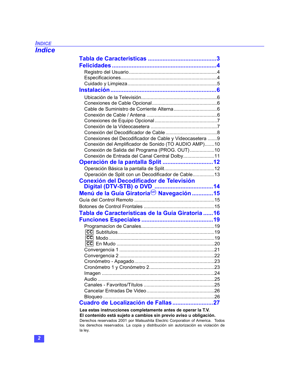 Indice | Panasonic PT-47WX49 User Manual | Page 32 / 58