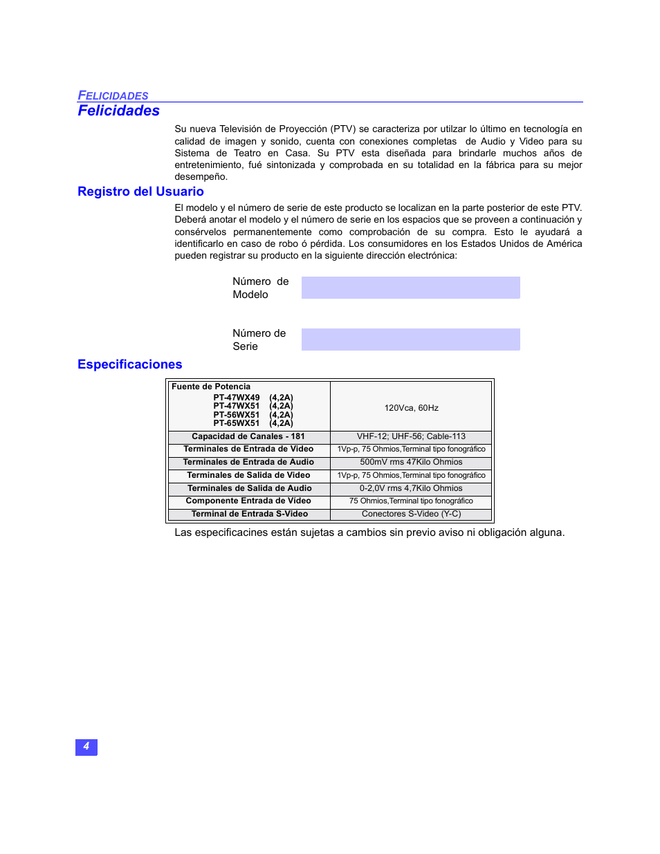 Felicidades, Registro del usuario, Especificaciones | Panasonic PT-47WX49 User Manual | Page 34 / 58