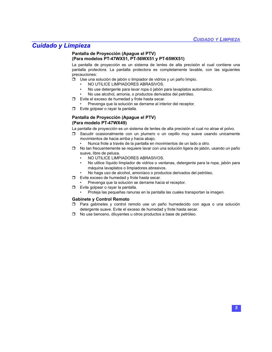 Cuidado y limpieza | Panasonic PT-47WX49 User Manual | Page 35 / 58