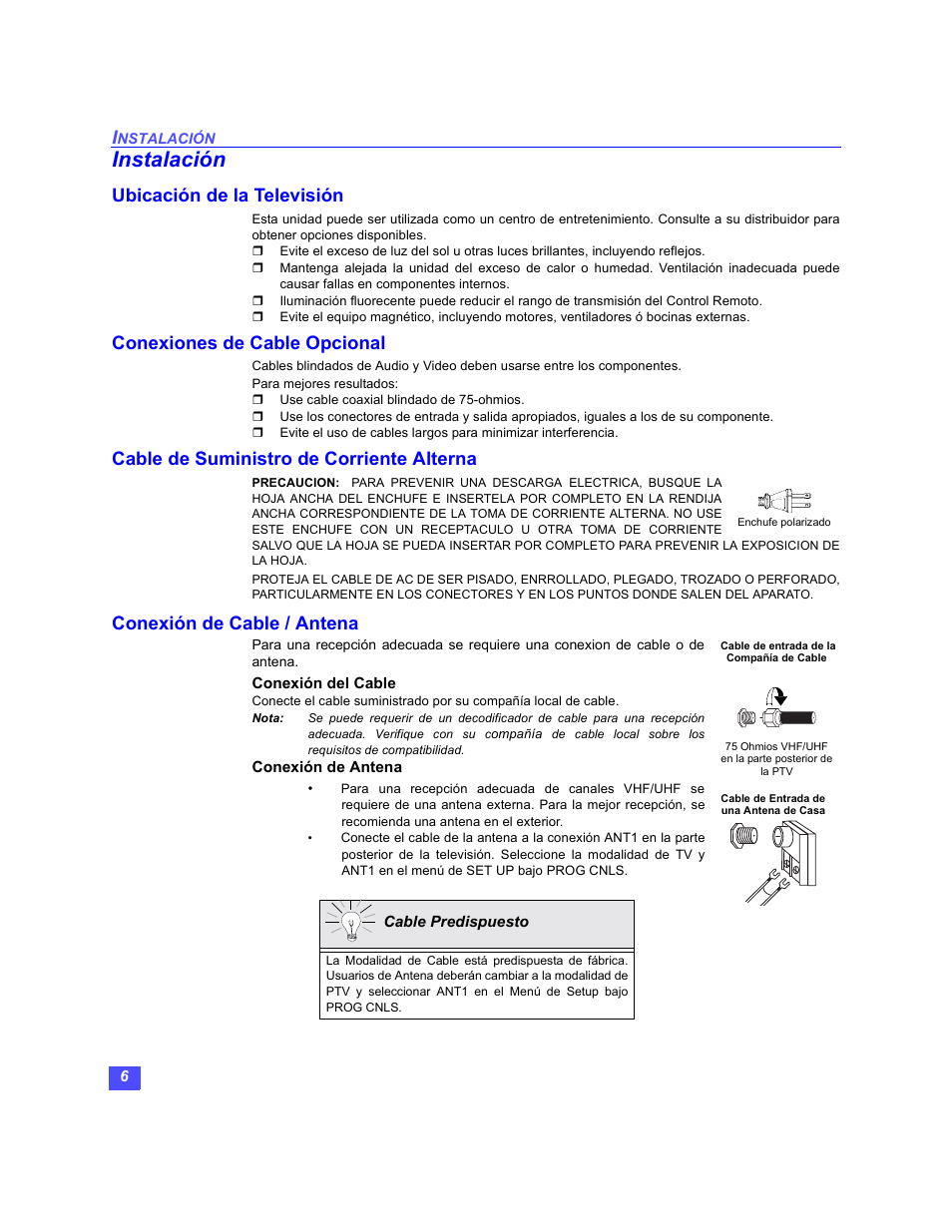 Instalacion, Ubicacion de la television, Conexiones de cable opcional | Cable de suministro de corriente alterna, Conexion de cable / antena, Instalación, Ubicación de la televisión, Conexión de cable / antena | Panasonic PT-47WX49 User Manual | Page 36 / 58