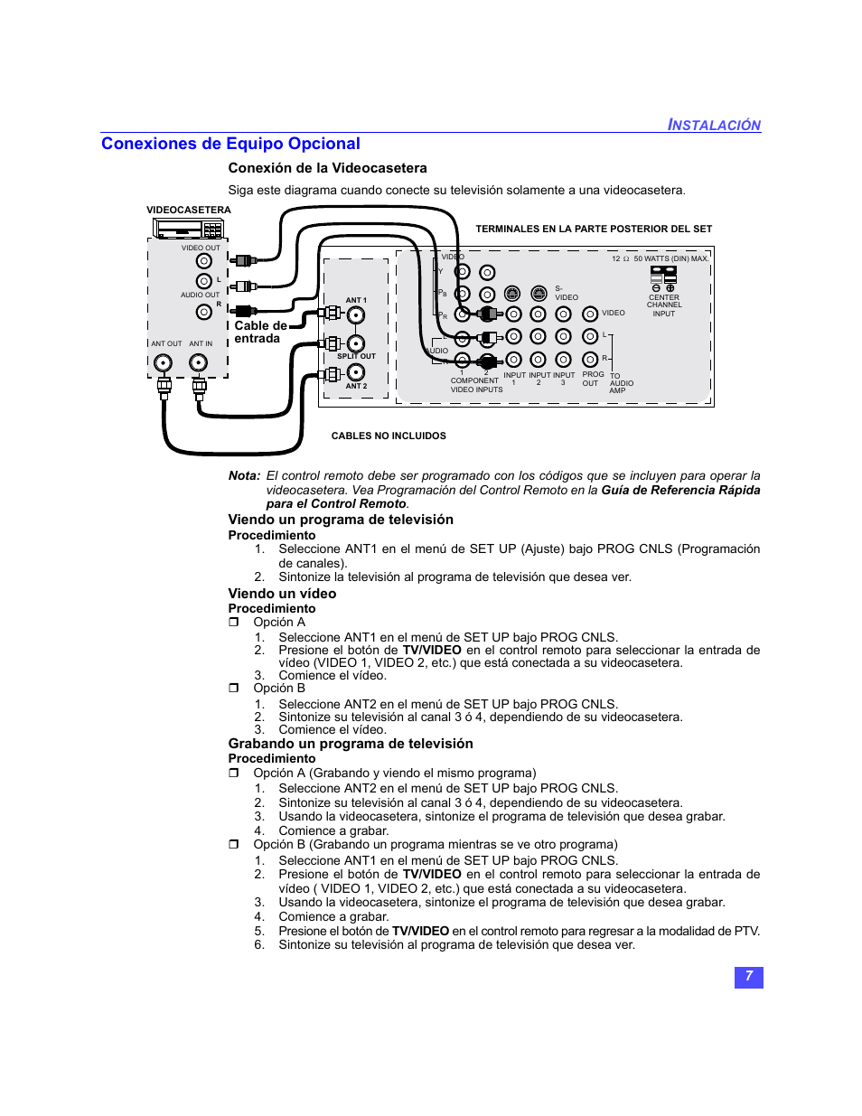 Conexiones de equipo opcional, Conexion de la videocasetera, Nstalación | Conexión de la videocasetera, Viendo un programa de televisión, Viendo un vídeo, Grabando un programa de televisión | Panasonic PT-47WX49 User Manual | Page 37 / 58