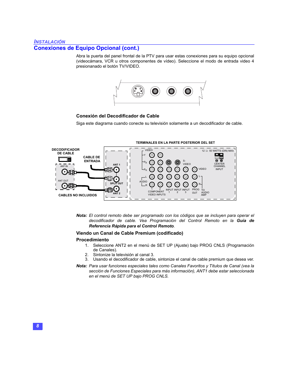 Conexion del decodificador de cable, Conexiones de equipo opcional (cont.), Nstalación | Conexión del decodificador de cable, Conexiones en el frente de la ptv | Panasonic PT-47WX49 User Manual | Page 38 / 58