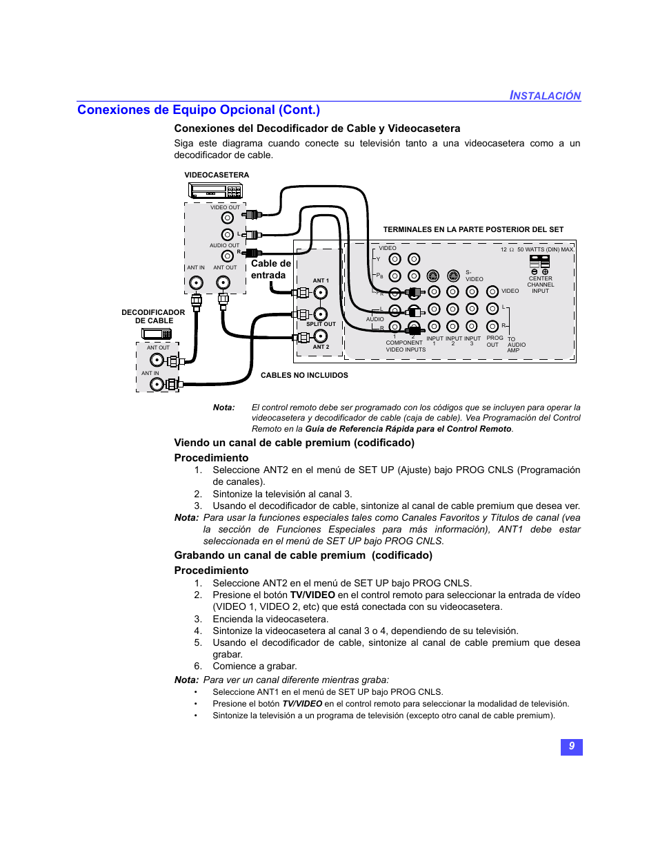 Conexiones de equipo opcional (cont.), Nstalación, Cable de entrada | Panasonic PT-47WX49 User Manual | Page 39 / 58