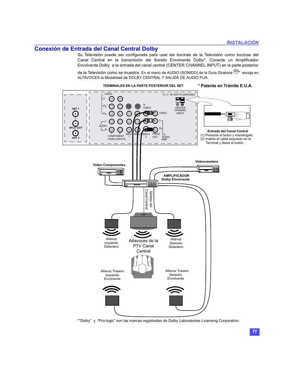 Conexion de entrada del canal central dolby, Conexión de entrada del canal central dolby, Nstalación | Altavoces de la ptv canal central, Patente en trámite e.u.a | Panasonic PT-47WX49 User Manual | Page 41 / 58