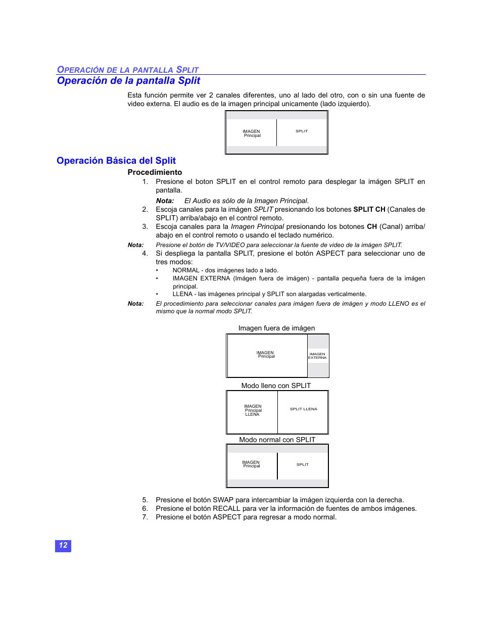 Operacion de la pantalla split, Operacion basica la pantalla de split, Operación de la pantalla split | Operación básica del split, Peración, Pantalla, Plit, Procedimiento | Panasonic PT-47WX49 User Manual | Page 42 / 58