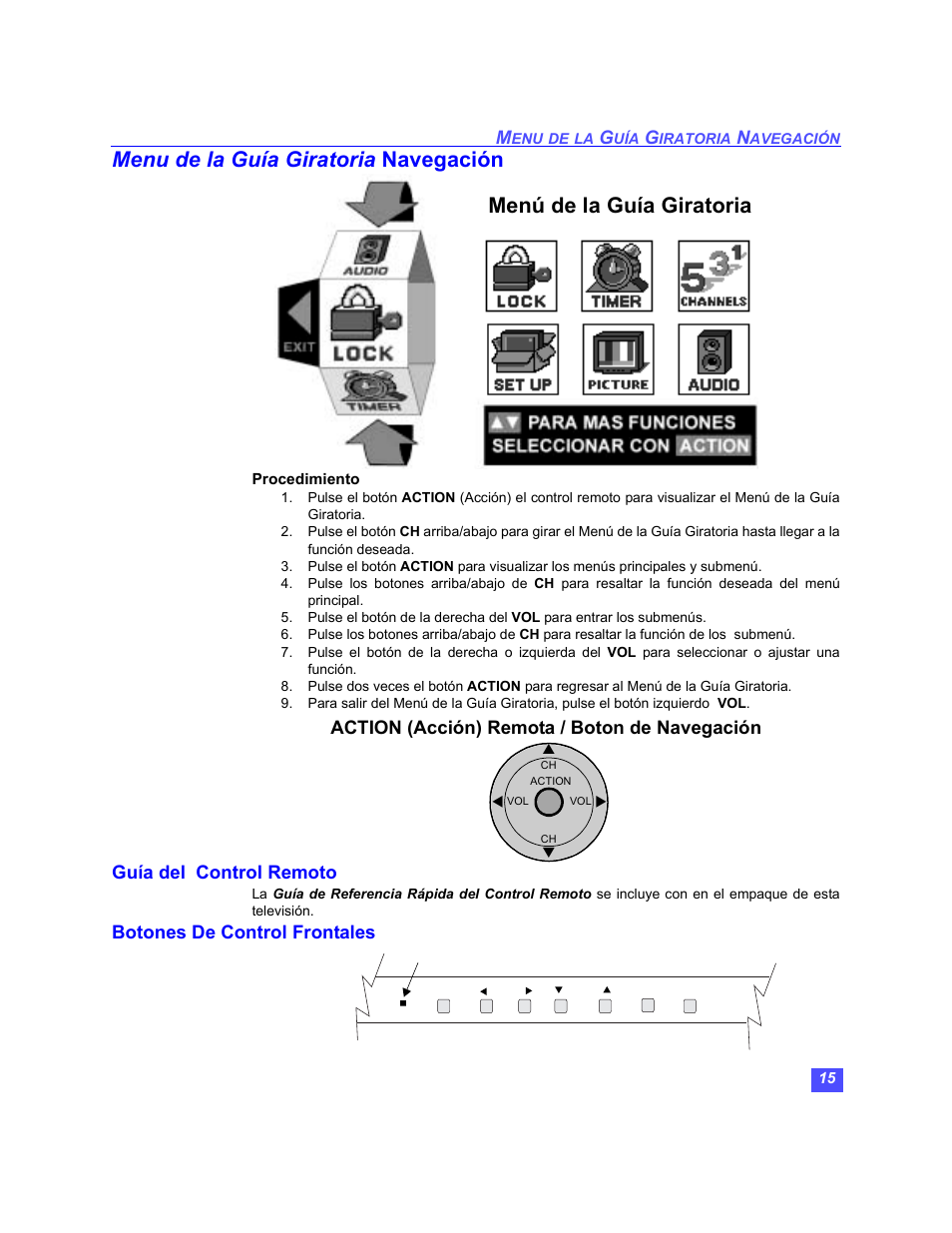 Menu de la guia giratoria navegacion, Guia del control remoto, Botones de control frontales | Menu de la guía giratoria navegación, Menú de la guía giratoria | Panasonic PT-47WX49 User Manual | Page 45 / 58