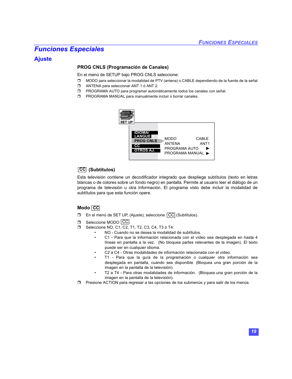 Funciones especiales, Programacion de canales, Cc subtitulos | Cc modo, Ajuste | Panasonic PT-47WX49 User Manual | Page 49 / 58