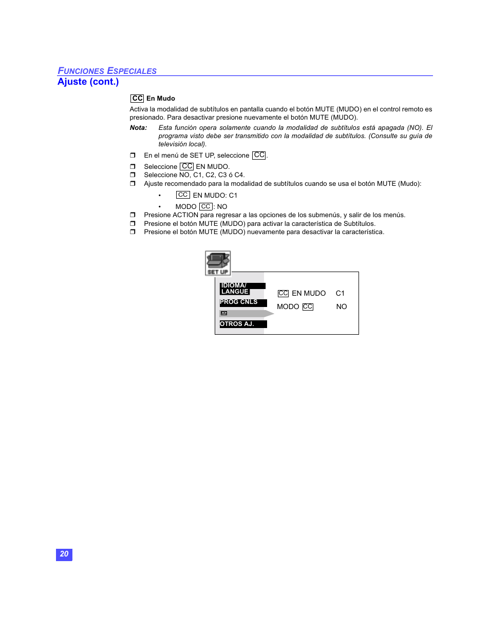 Cc en mudo, Ajuste (cont.) | Panasonic PT-47WX49 User Manual | Page 50 / 58