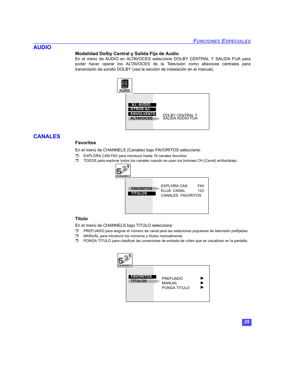 Audio, Canales - favoritos/titulos, Canales | Panasonic PT-47WX49 User Manual | Page 55 / 58