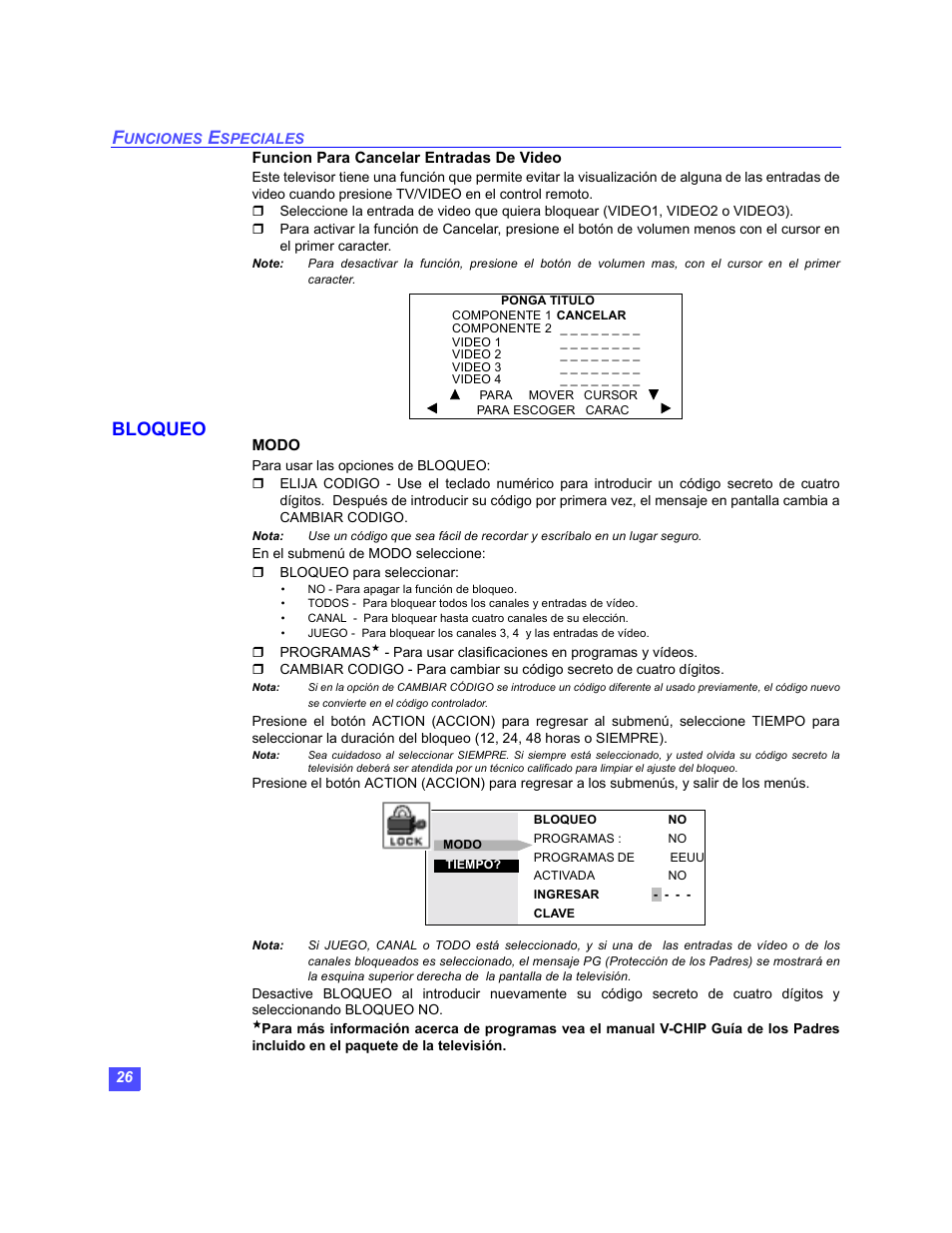 Cancelar entradas de video, Bloqueo | Panasonic PT-47WX49 User Manual | Page 56 / 58