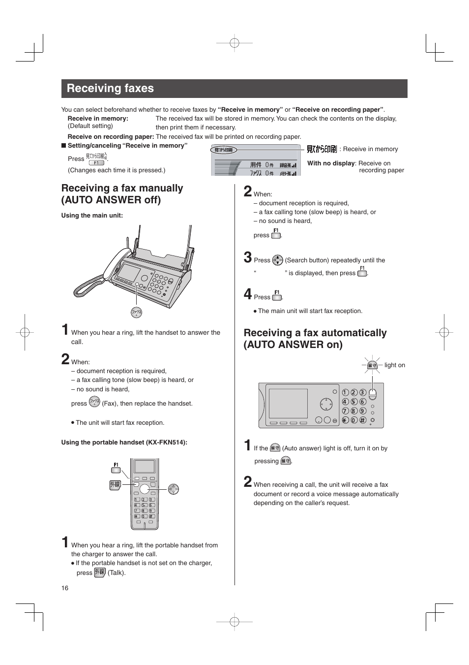Receiving faxes, Receiving a fax manually (auto answer off), Receiving a fax automatically (auto answer on) | Panasonic KX-PW606DW User Manual | Page 16 / 24