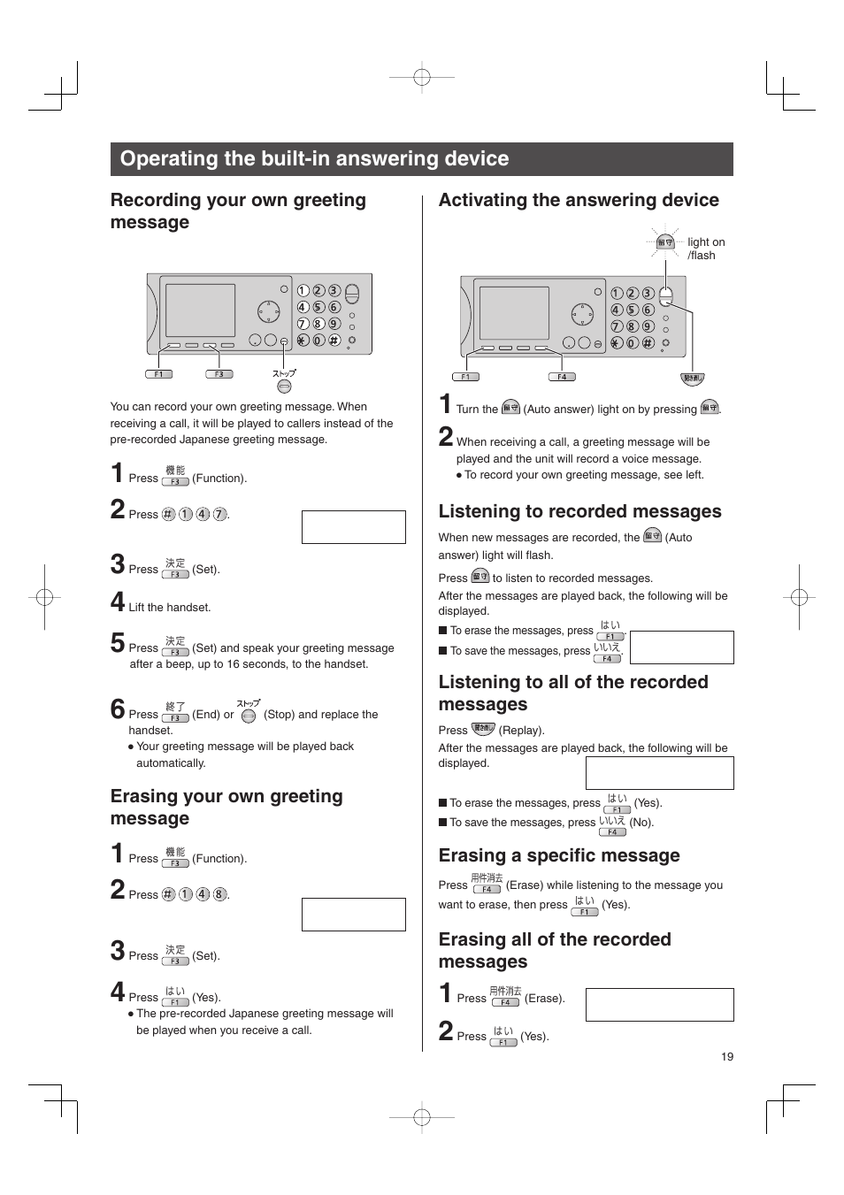 Operating the built-in answering device, Recording your own greeting message, Erasing your own greeting message | Activating the answering device, Erasing a specific message, Erasing all of the recorded messages | Panasonic KX-PW606DW User Manual | Page 19 / 24