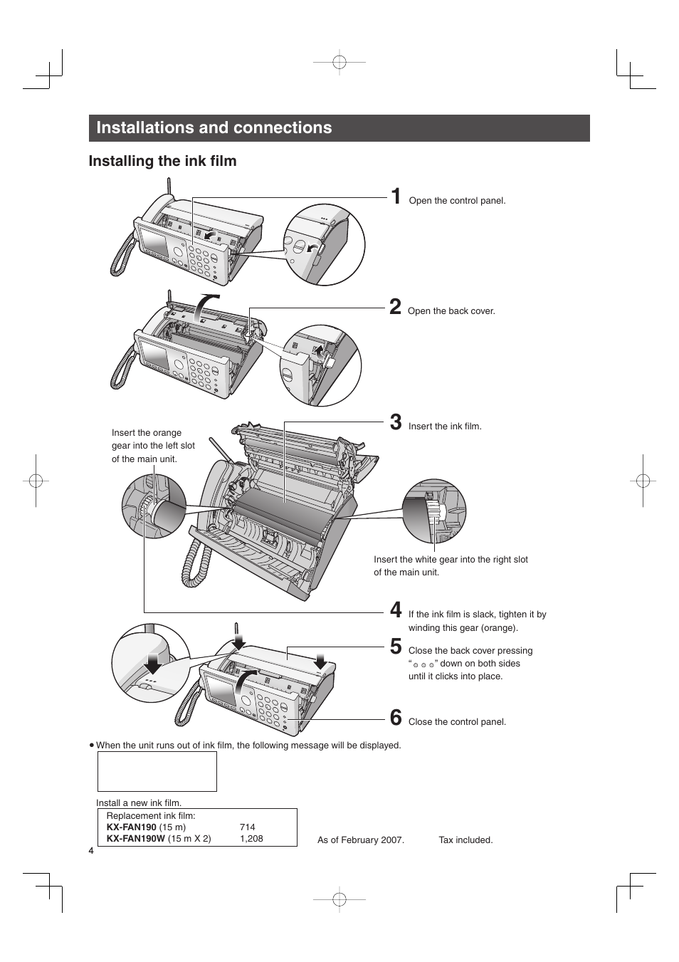 Installations and connections | Panasonic KX-PW606DW User Manual | Page 4 / 24