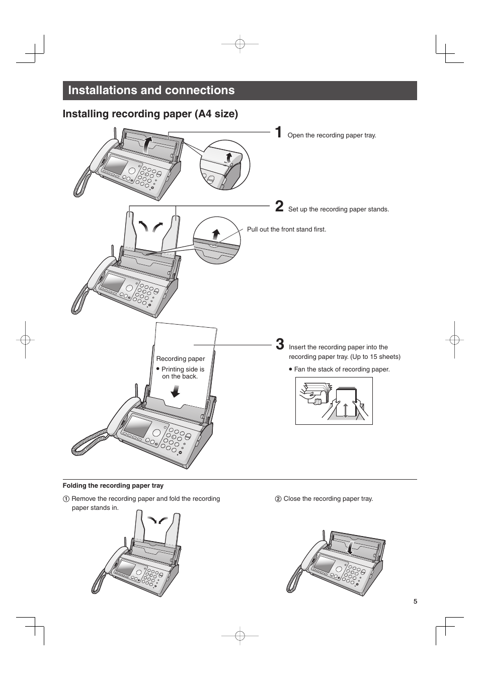 Installations and connections, Installing recording paper (a4 size) | Panasonic KX-PW606DW User Manual | Page 5 / 24