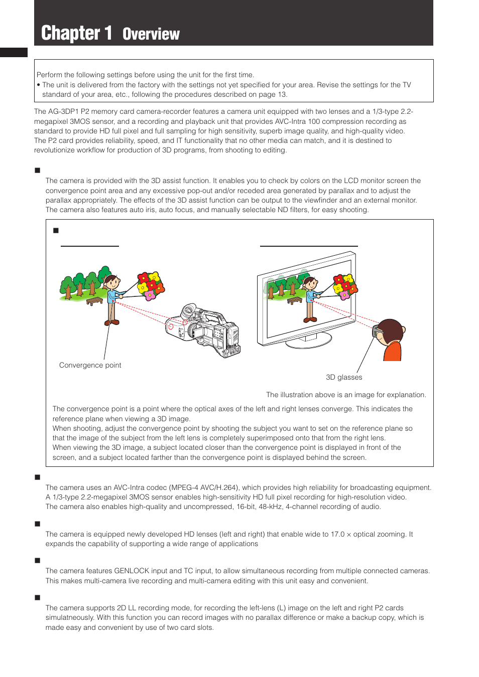 Chapter 1 overview, Chapter 1, Overview | Panasonic AG-3DP1G User Manual | Page 10 / 140
