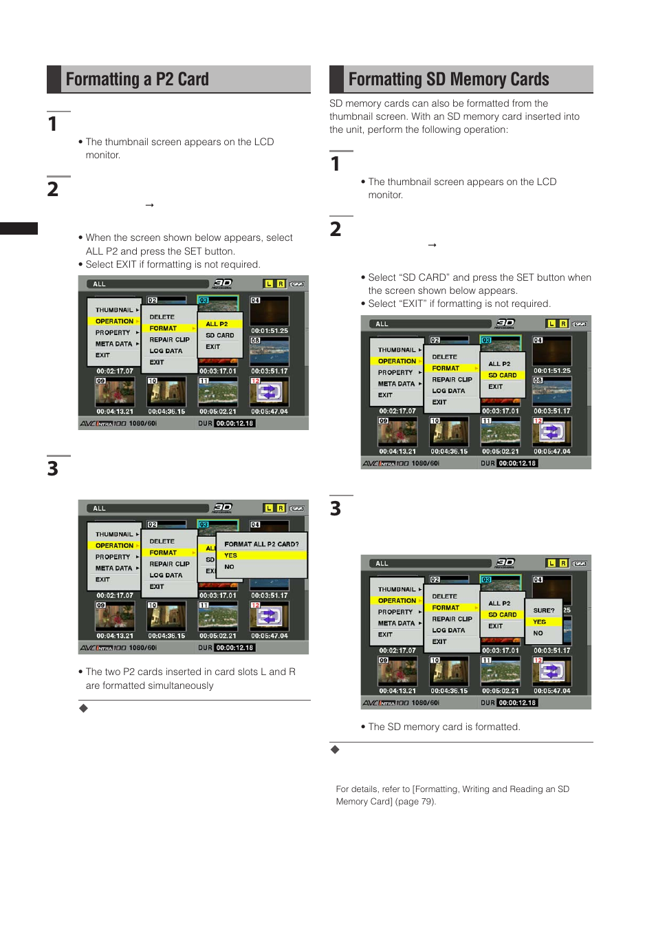 Formatting a p2 card, Formatting sd memory cards | Panasonic AG-3DP1G User Manual | Page 100 / 140