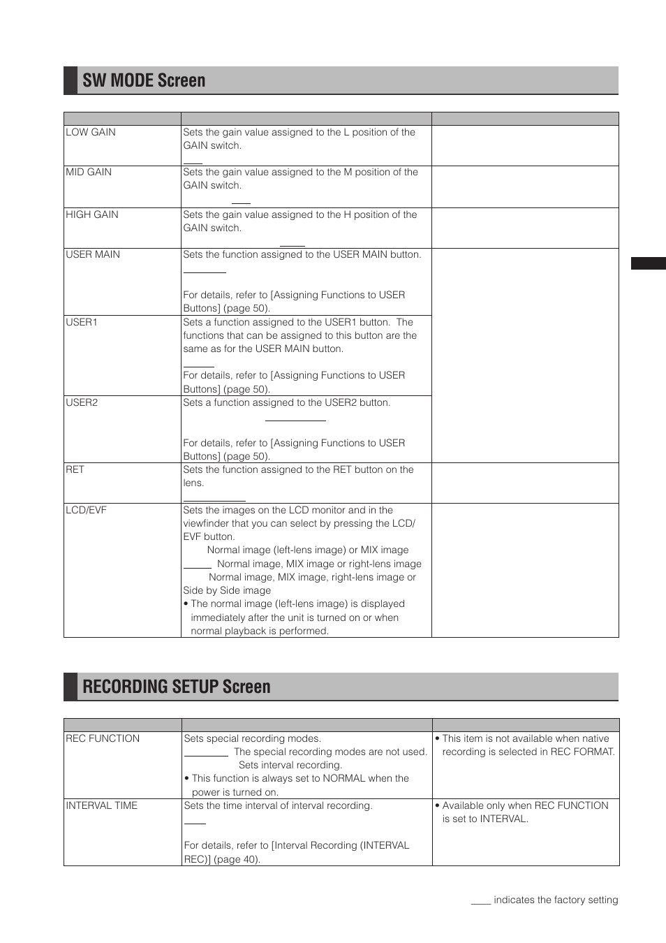 Sw mode screen, Recording setup screen | Panasonic AG-3DP1G User Manual | Page 113 / 140