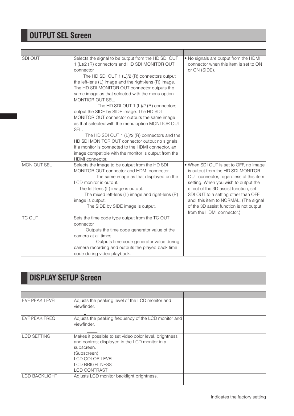 Output sel screen, Display setup screen | Panasonic AG-3DP1G User Manual | Page 116 / 140