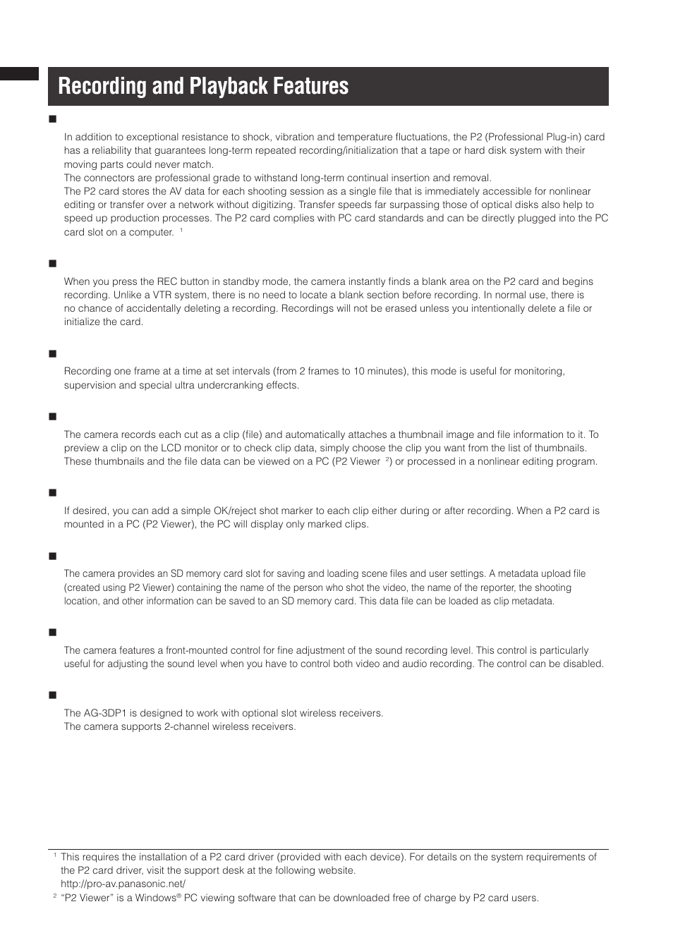 Recording and playback features | Panasonic AG-3DP1G User Manual | Page 12 / 140