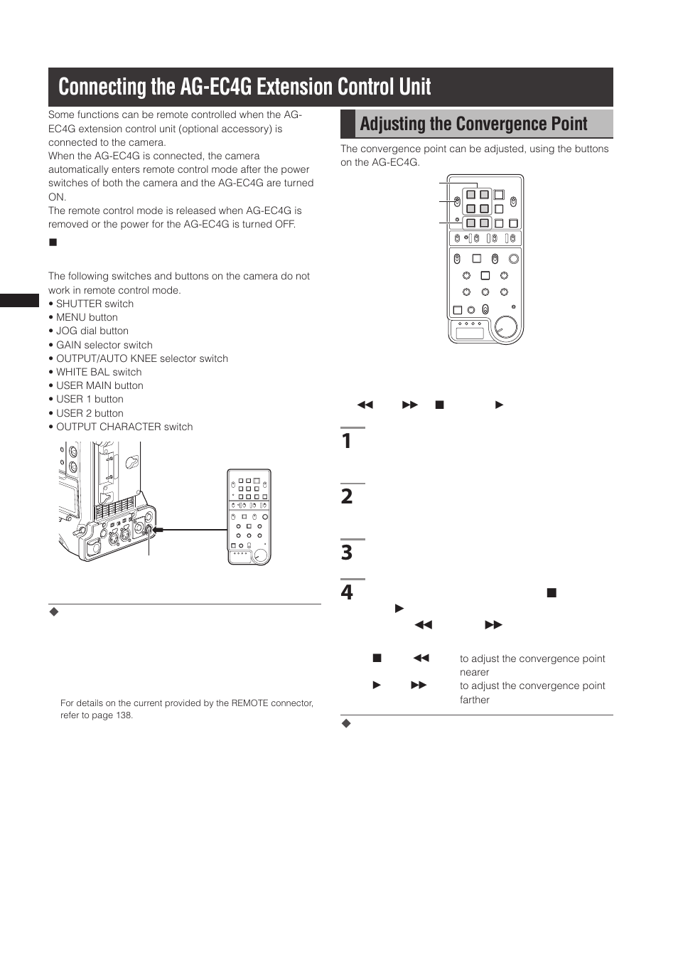 Connecting the ag-ec4g extension control unit, Adjusting the convergence point | Panasonic AG-3DP1G User Manual | Page 122 / 140