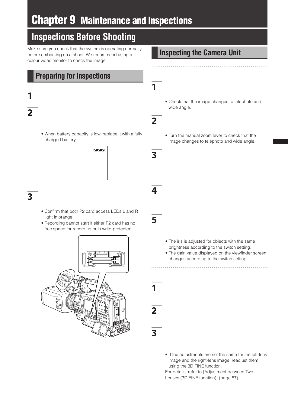 Chapter 9 maintenance and inspections, Inspections before shooting, Preparing for inspections | Inspecting the camera unit, Chapter 9 | Panasonic AG-3DP1G User Manual | Page 123 / 140