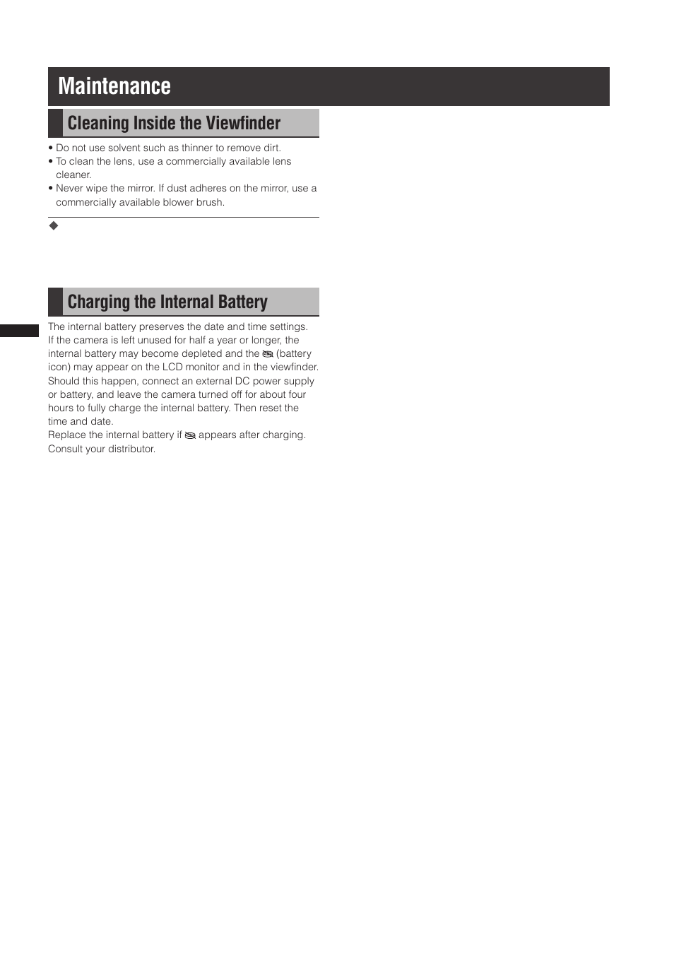 Maintenance, Cleaning inside the viewfinder, Charging the internal battery | Cleaning inside the viewﬁnder | Panasonic AG-3DP1G User Manual | Page 126 / 140