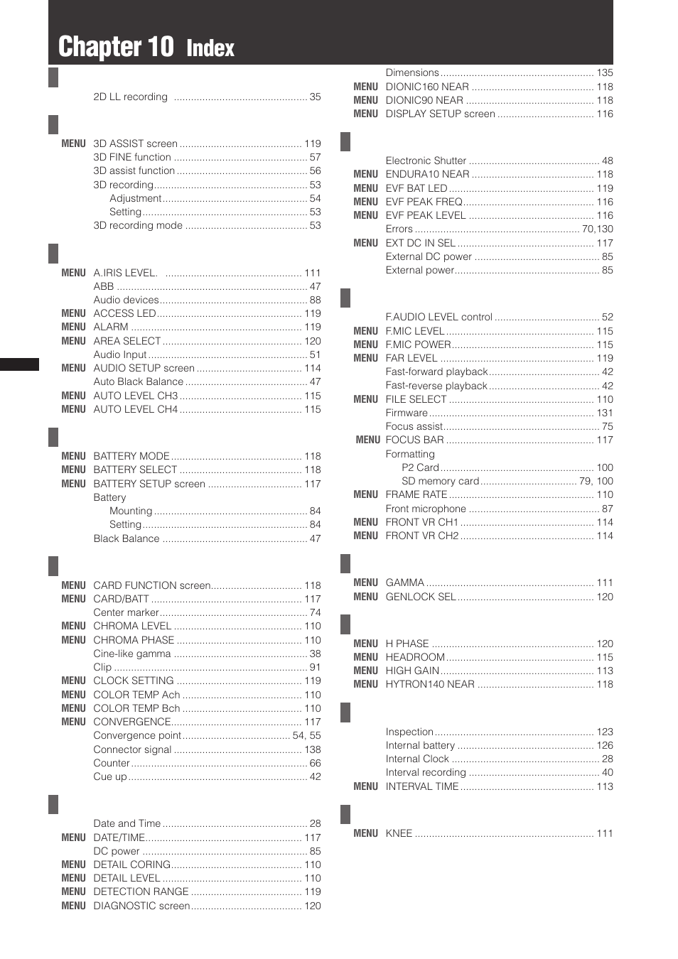 Chapter 10 index, Chapter 10, Index | Panasonic AG-3DP1G User Manual | Page 132 / 140