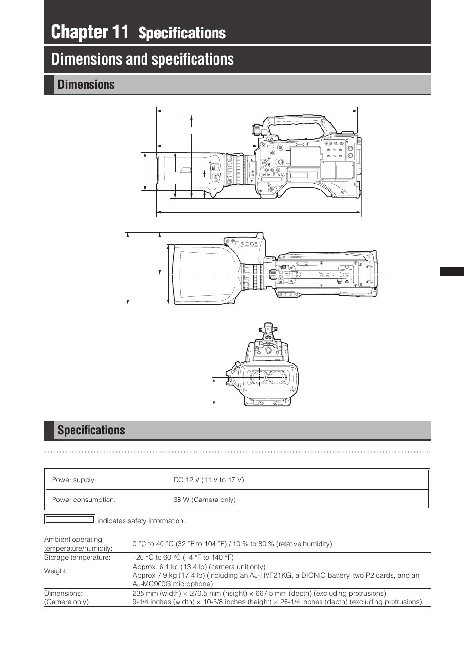 Chapter 11 specifications, Dimensions and specifications, Dimensions | Specifications, Chapter 11, Specifications dimensions and speciﬁcations, Speciﬁcations, General, Chapter 11  specifications | Panasonic AG-3DP1G User Manual | Page 135 / 140
