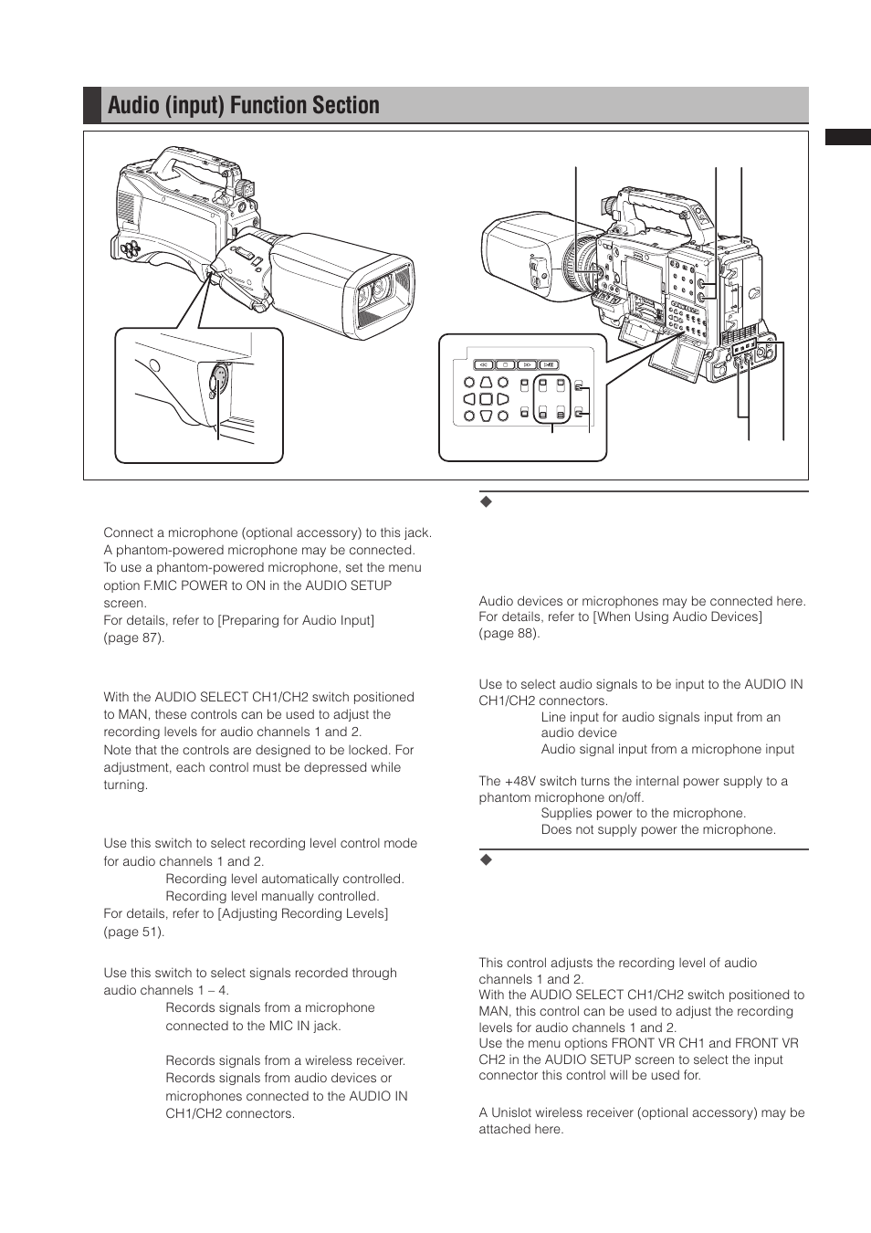 Audio (input) function section | Panasonic AG-3DP1G User Manual | Page 17 / 140