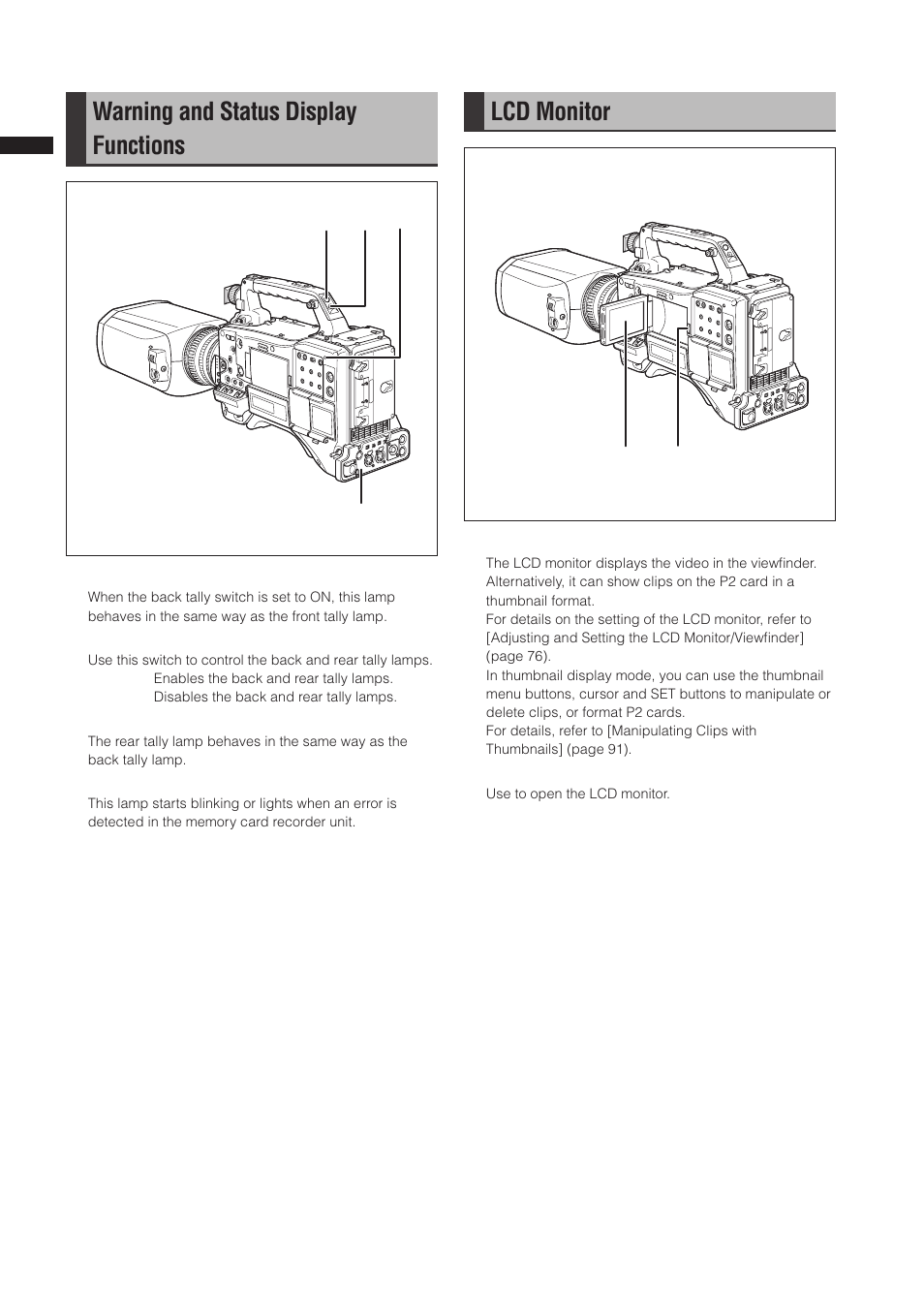 Warning and status display functions, Lcd monitor | Panasonic AG-3DP1G User Manual | Page 26 / 140