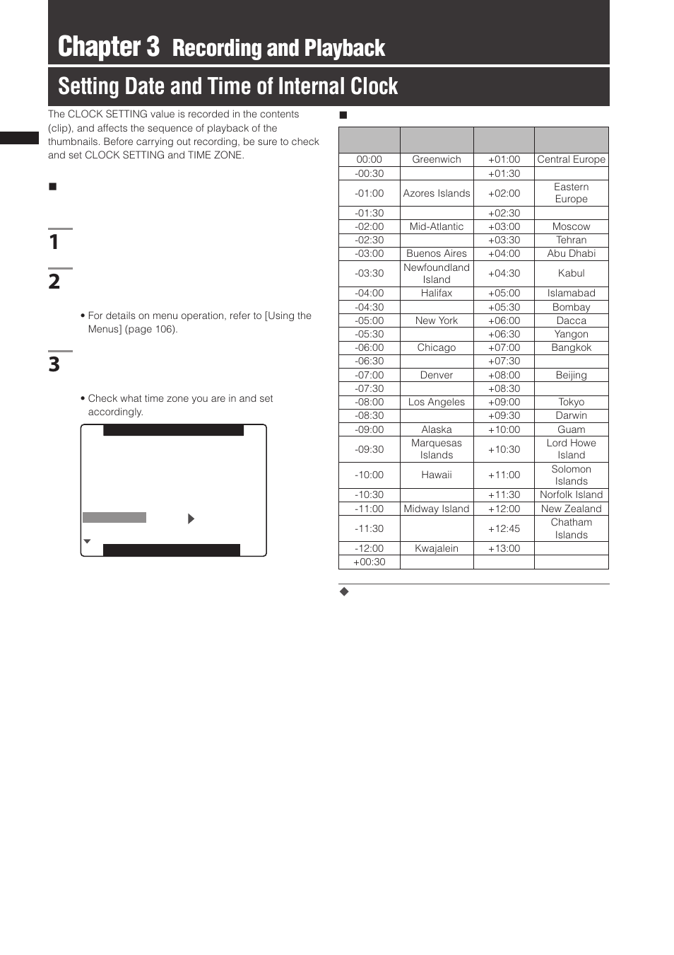 Chapter 3 recording and playback, Setting date and time of internal clock, Chapter 3 | Panasonic AG-3DP1G User Manual | Page 28 / 140