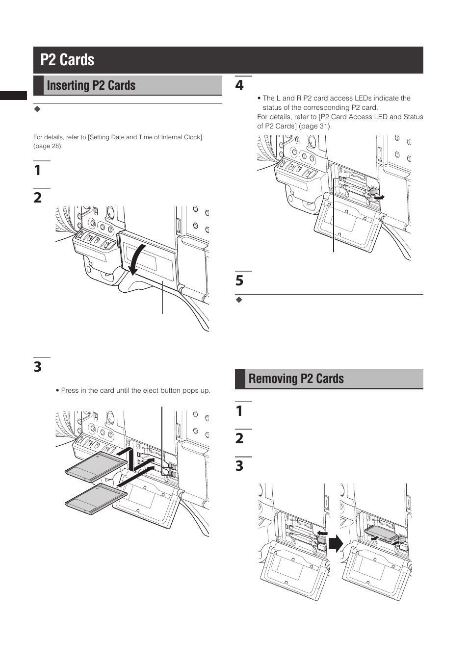 P2 cards, Inserting p2 cards, Removing p2 cards | Panasonic AG-3DP1G User Manual | Page 30 / 140