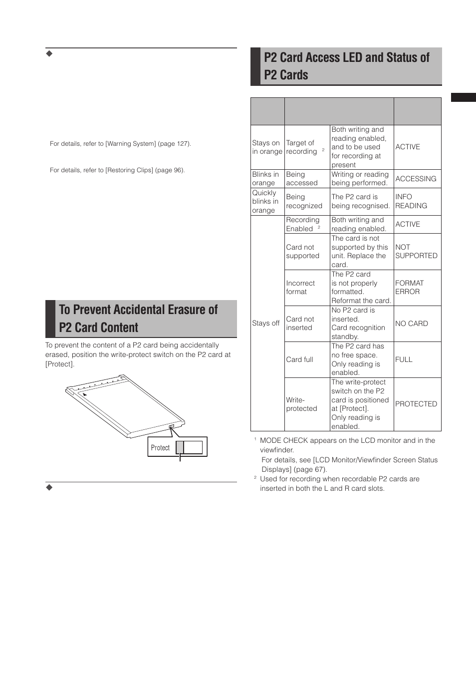 To prevent accidental erasure of p2 card content, P2 card access led and status of p2 cards | Panasonic AG-3DP1G User Manual | Page 31 / 140