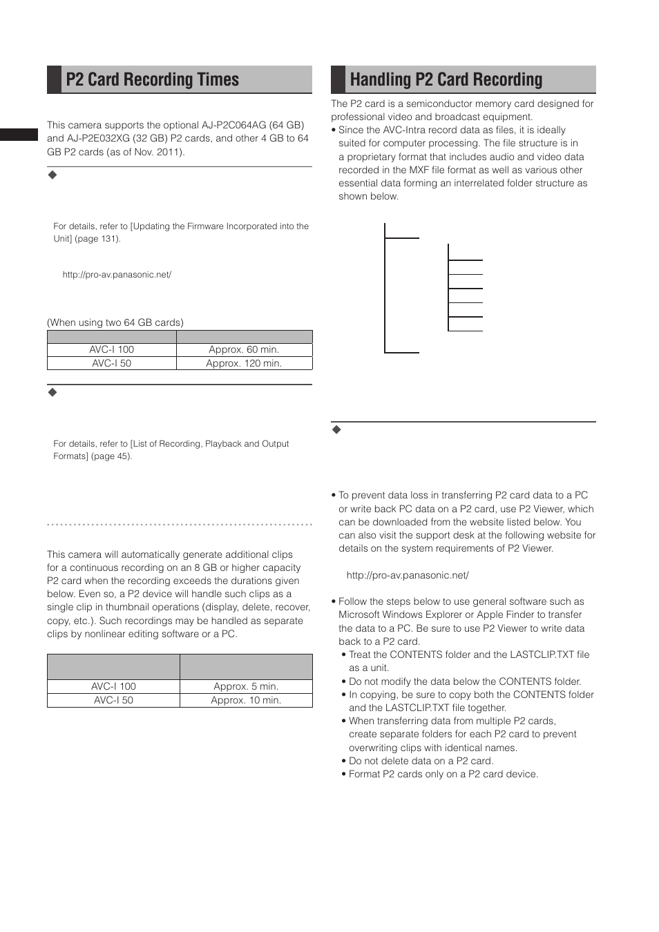 P2 card recording times, Handling p2 card recording, Splitting clips recorded on p2 cards | Panasonic AG-3DP1G User Manual | Page 32 / 140