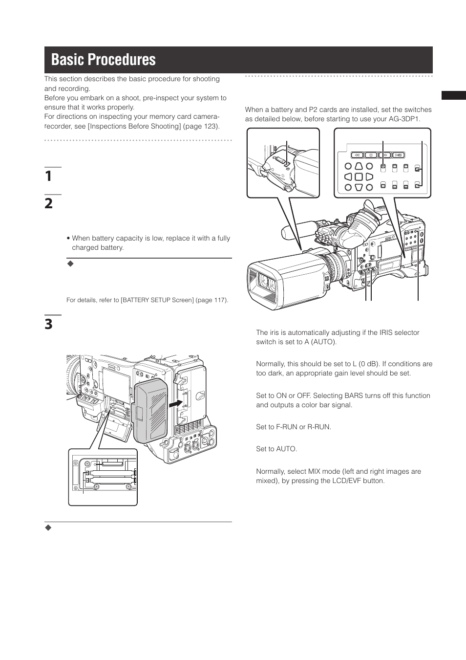 Basic procedures | Panasonic AG-3DP1G User Manual | Page 33 / 140