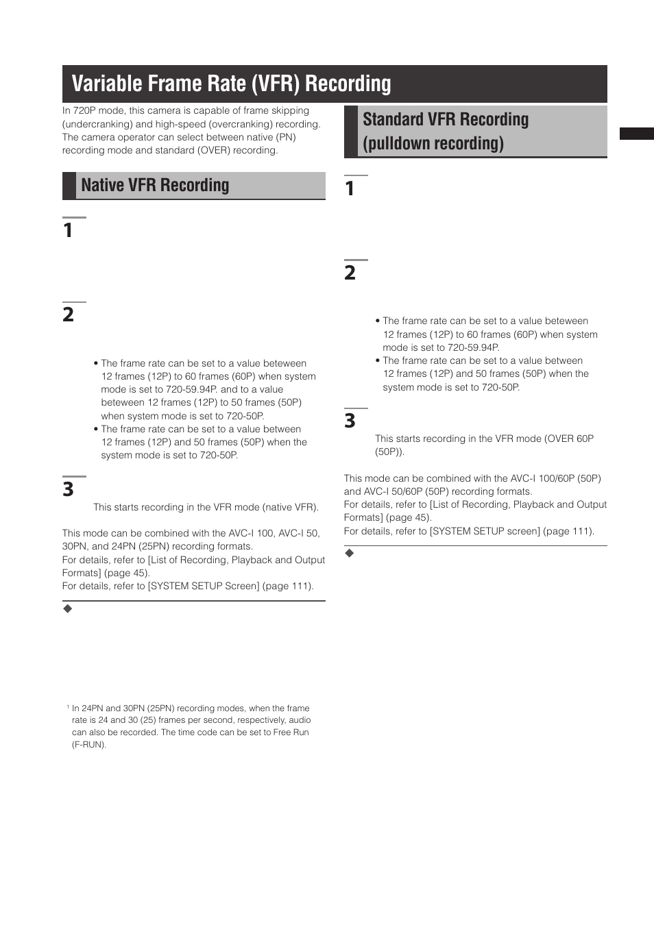 Variable frame rate (vfr) recording, Native vfr recording, Standard vfr recording(pulldown recording) | Standard vfr recording (pulldown recording) | Panasonic AG-3DP1G User Manual | Page 37 / 140