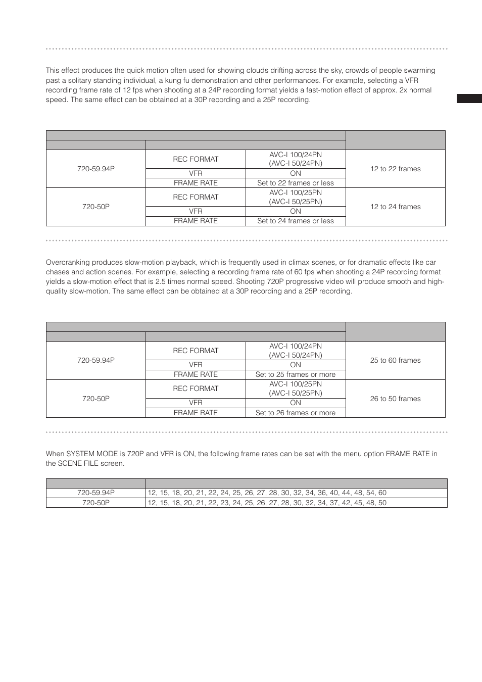 Undercranking effects, Overcranking effects, Frame rate settings | Panasonic AG-3DP1G User Manual | Page 39 / 140