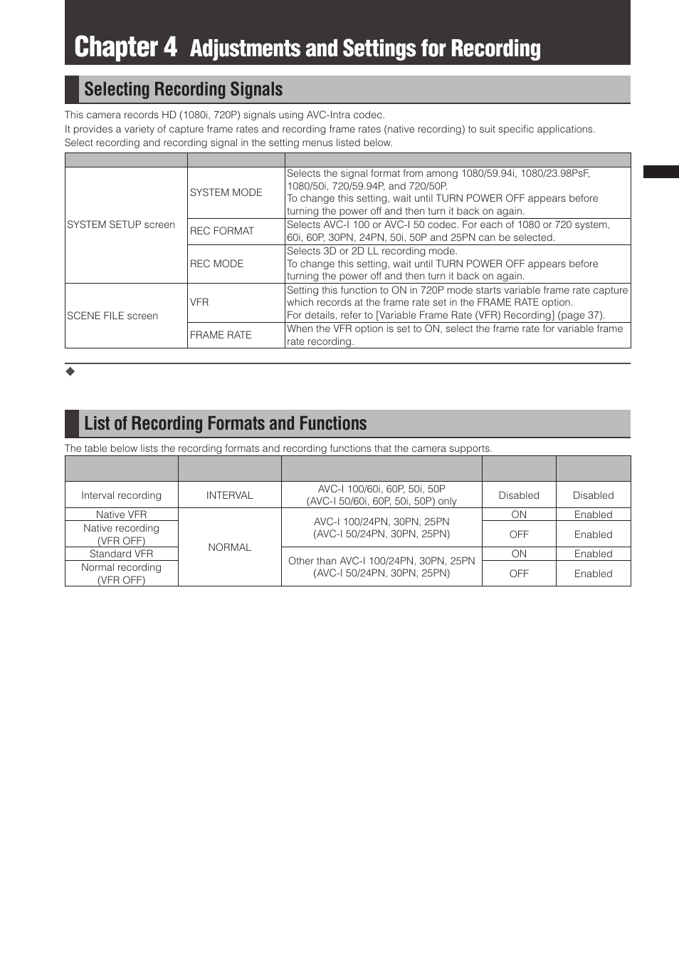 Chapter 4 adjustments and settings for recording, Selecting recording signals, List of recording formats and functions | Chapter 4, Adjustments and settings for recording | Panasonic AG-3DP1G User Manual | Page 43 / 140