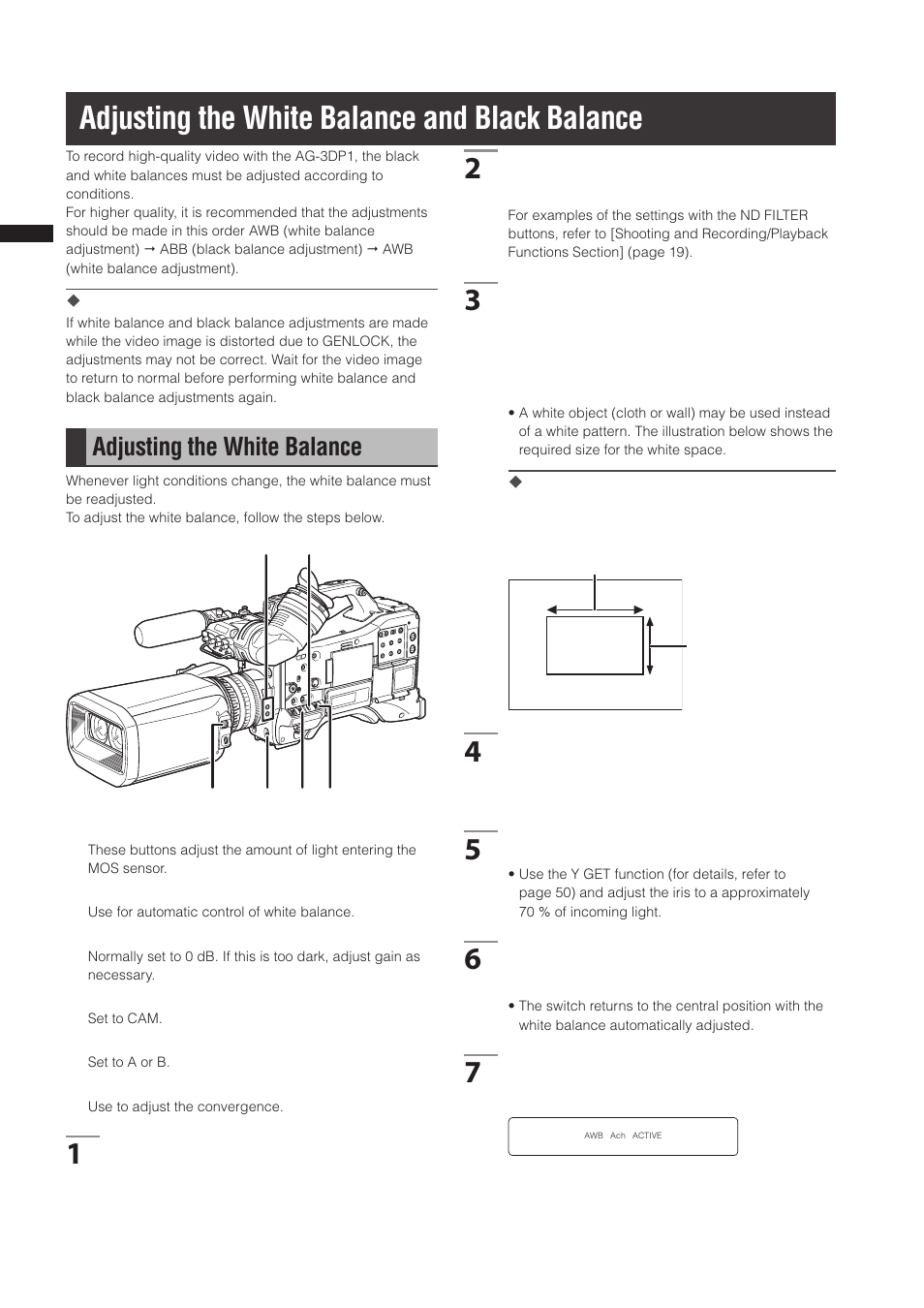 Adjusting the white balance and black balance, Adjusting the white balance | Panasonic AG-3DP1G User Manual | Page 46 / 140
