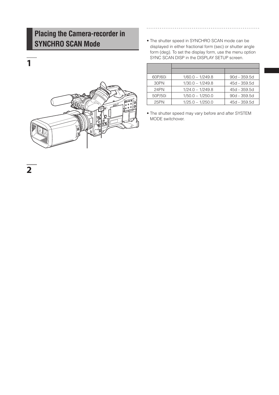 Placing the camera-recorder in synchro scan mode | Panasonic AG-3DP1G User Manual | Page 49 / 140