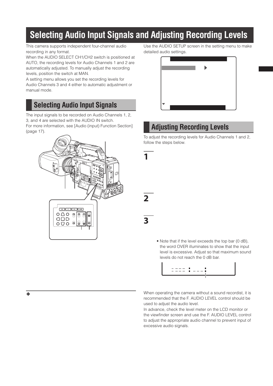 Selecting audio input signals, Adjusting recording levels | Panasonic AG-3DP1G User Manual | Page 51 / 140