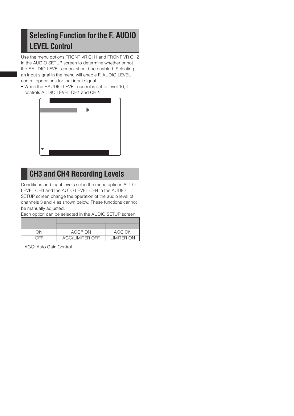 Selecting function for the f. audio level control, Ch3 and ch4 recording levels | Panasonic AG-3DP1G User Manual | Page 52 / 140