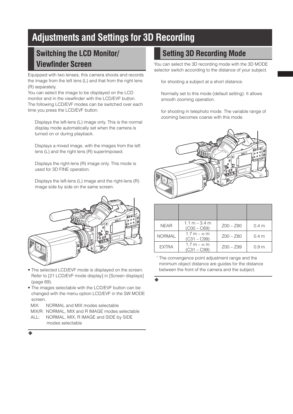 Adjustments and settings for 3d recording, Switching the lcd monitor/viewfinder screen, Setting 3d recording mode | Switching the lcd monitor/ viewﬁnder screen | Panasonic AG-3DP1G User Manual | Page 53 / 140